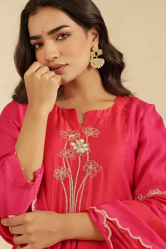 Hot pink hand woven chanderi kurta set