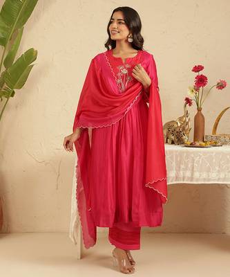 Hot pink hand woven chanderi kurta set 5