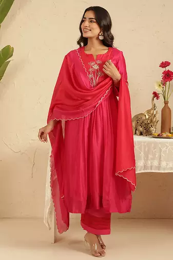 Hot pink hand woven chanderi kurta set