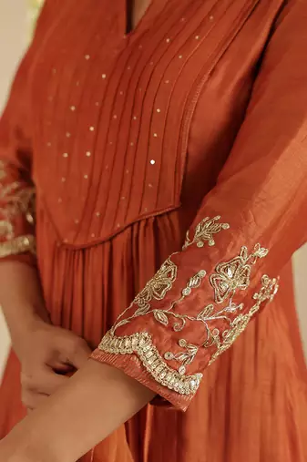 Rust hand woven chanderi kurta set