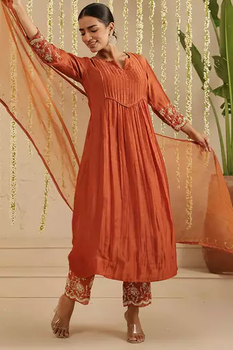 Rust hand woven chanderi kurta set