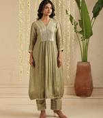 Green hand woven chanderi kurta set