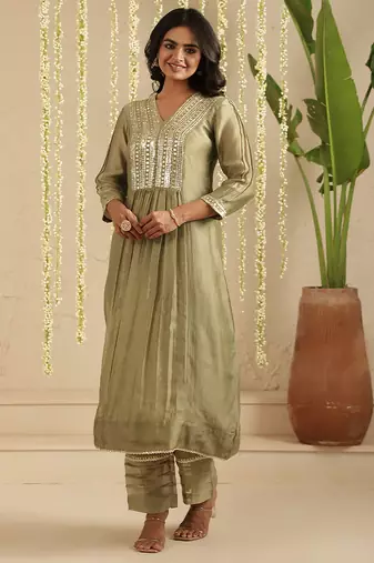 Green hand woven chanderi kurta set