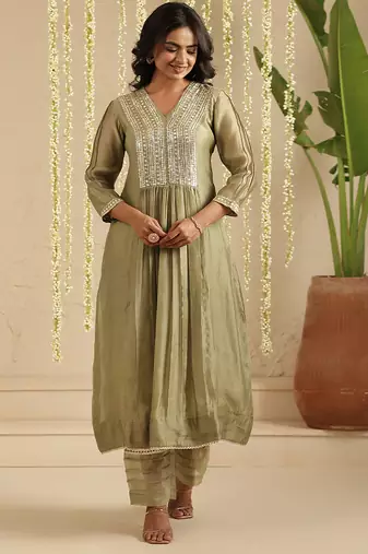Green hand woven chanderi kurta set