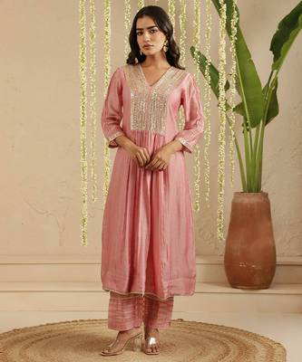 Pink hand woven chanderi kurta set 1
