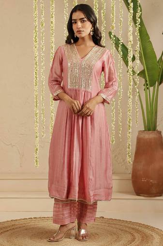 Pink hand woven chanderi kurta set