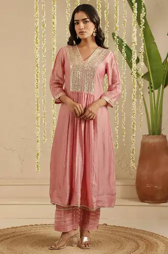 Pink hand woven chanderi kurta set