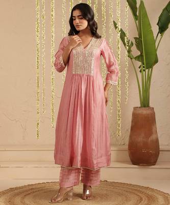 Pink hand woven chanderi kurta set 2