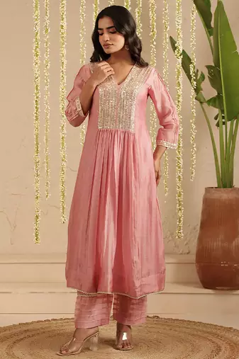 Pink hand woven chanderi kurta set