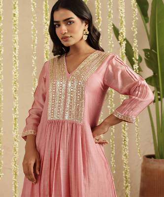 Pink hand woven chanderi kurta set 4