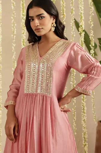Pink hand woven chanderi kurta set