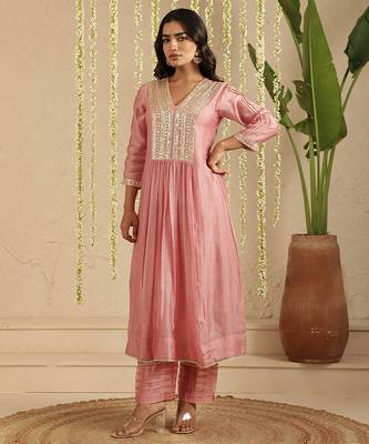 Pink hand woven chanderi kurta set 5