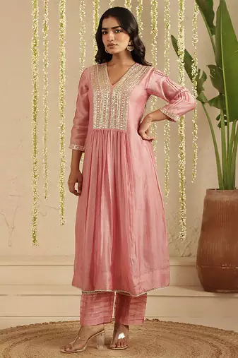 Pink hand woven chanderi kurta set