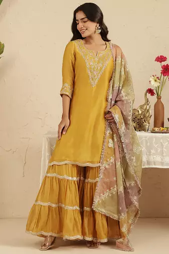 Mustard hand woven chanderi kurta set