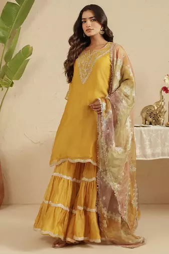 Mustard hand woven chanderi kurta set
