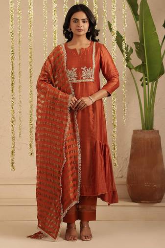 Rust hand woven chanderi kurta set