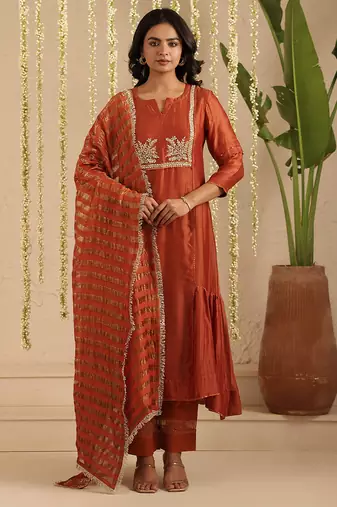 Rust hand woven chanderi kurta set