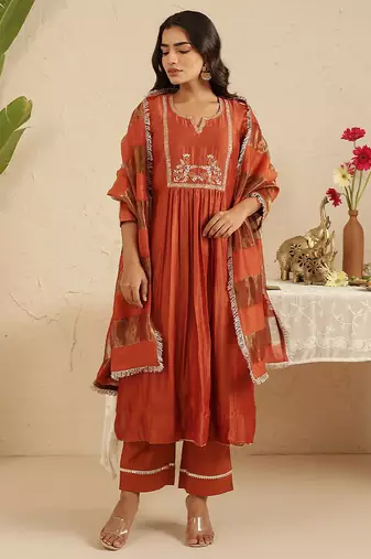 Rust hand woven chanderi kurta set