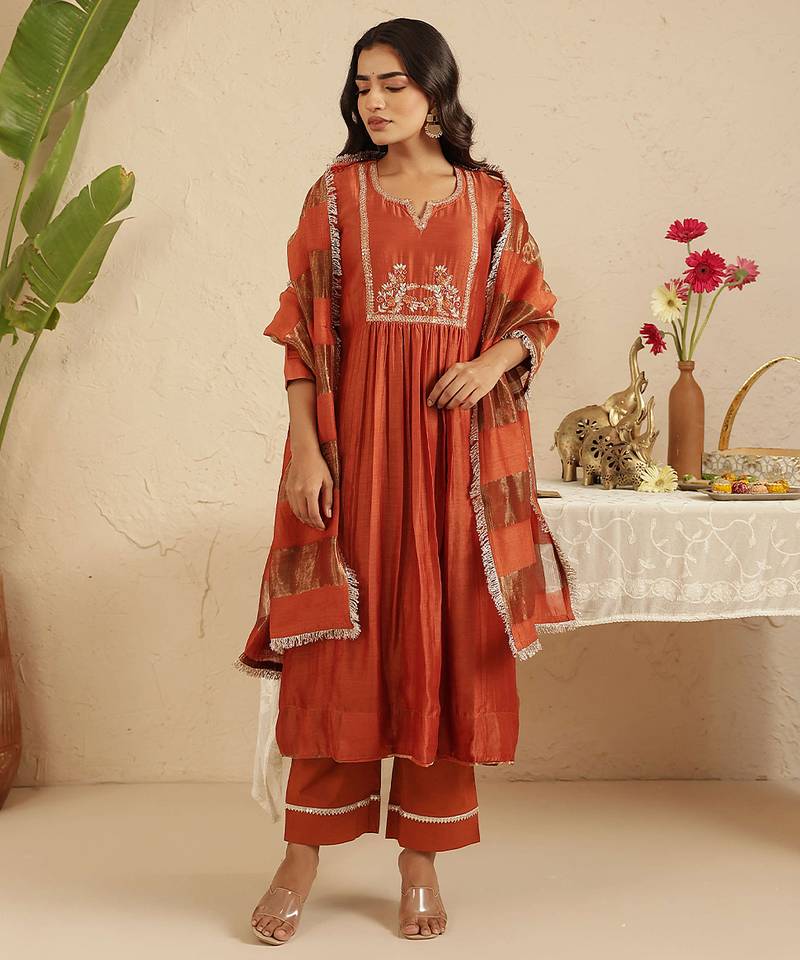 Rust hand woven chanderi kurta set