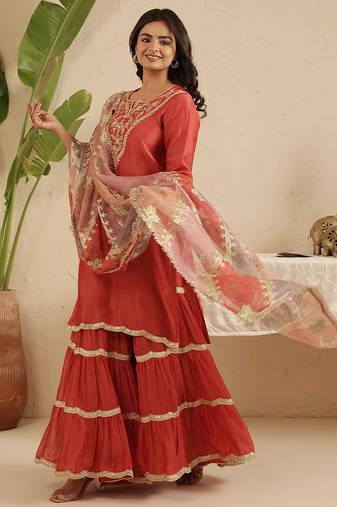Crimson hand woven chanderi kurta set