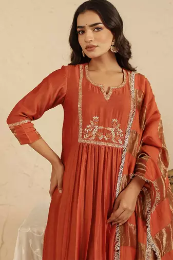 Rust hand woven chanderi kurta set