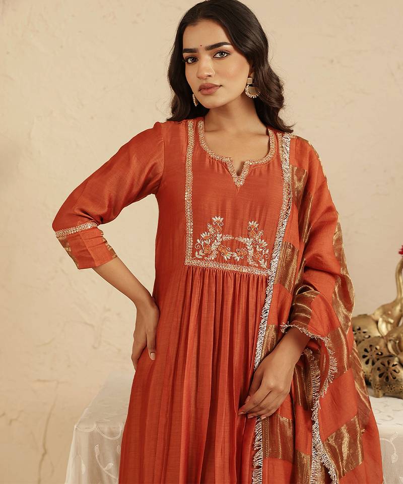 Rust hand woven chanderi kurta set