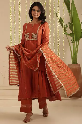 Rust hand woven chanderi kurta set