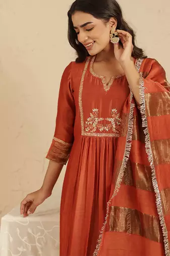 Rust hand woven chanderi kurta set