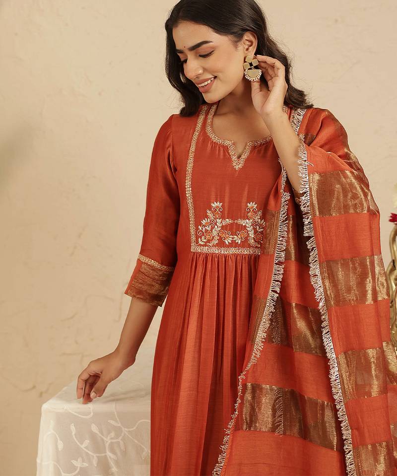 Rust hand woven chanderi kurta set