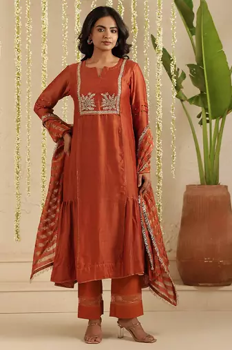 Rust hand woven chanderi kurta set