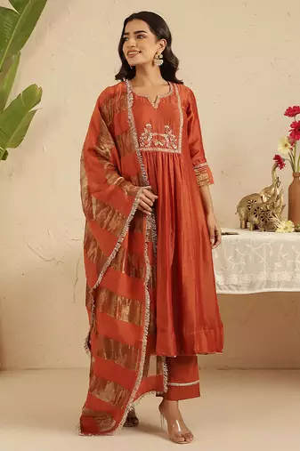 Rust hand woven chanderi kurta set