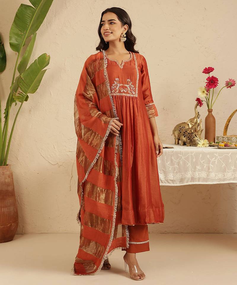 Rust hand woven chanderi kurta set