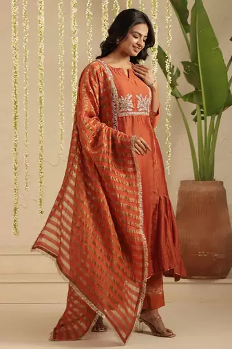 Rust hand woven chanderi kurta set
