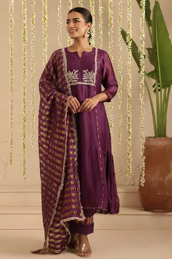 Purple hand woven chanderi kurta set