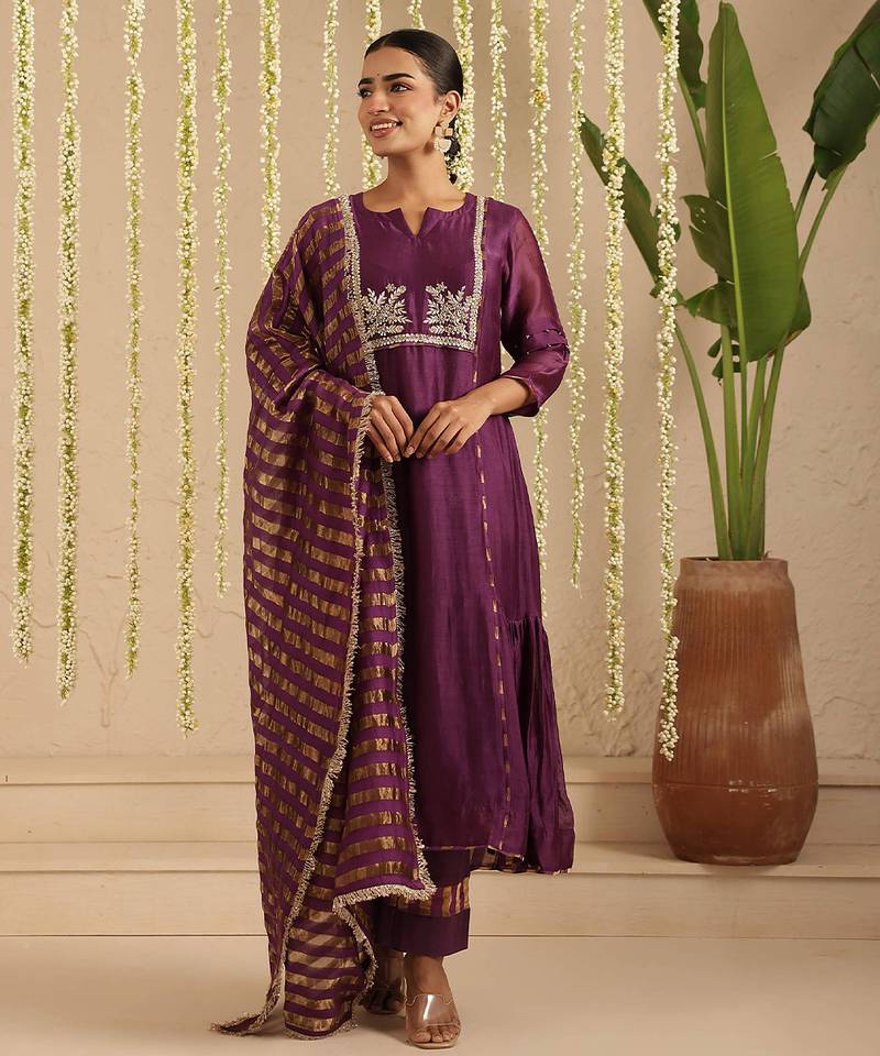 Purple hand woven chanderi kurta set