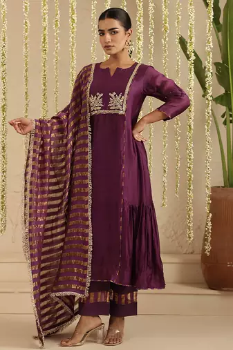 Purple hand woven chanderi kurta set