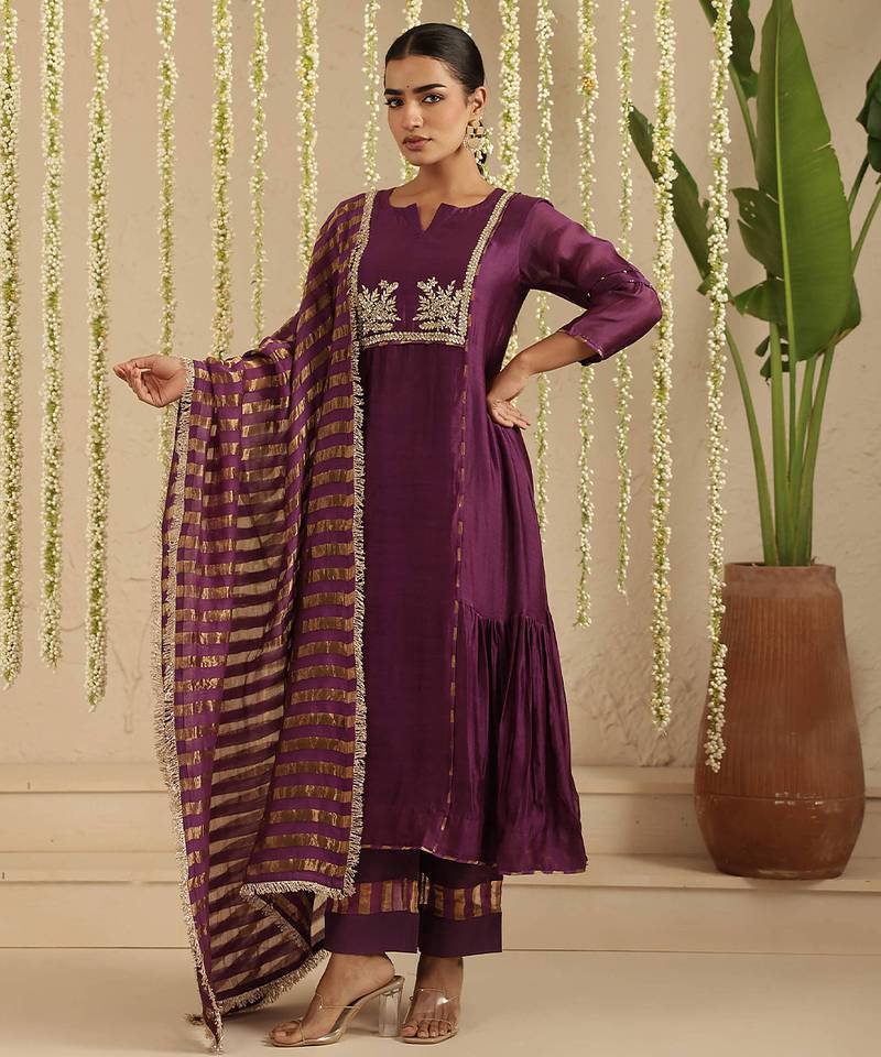 Purple hand woven chanderi kurta set