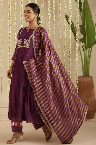 Purple hand woven chanderi kurta set