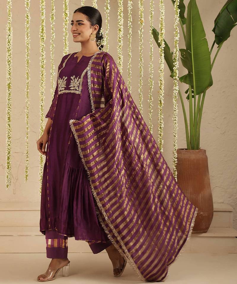 Purple hand woven chanderi kurta set