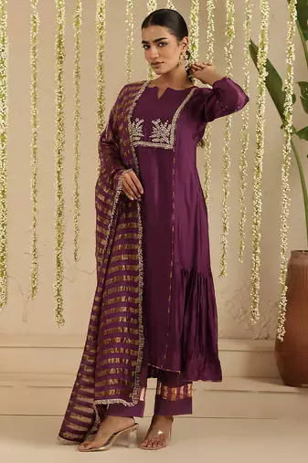 Purple hand woven chanderi kurta set