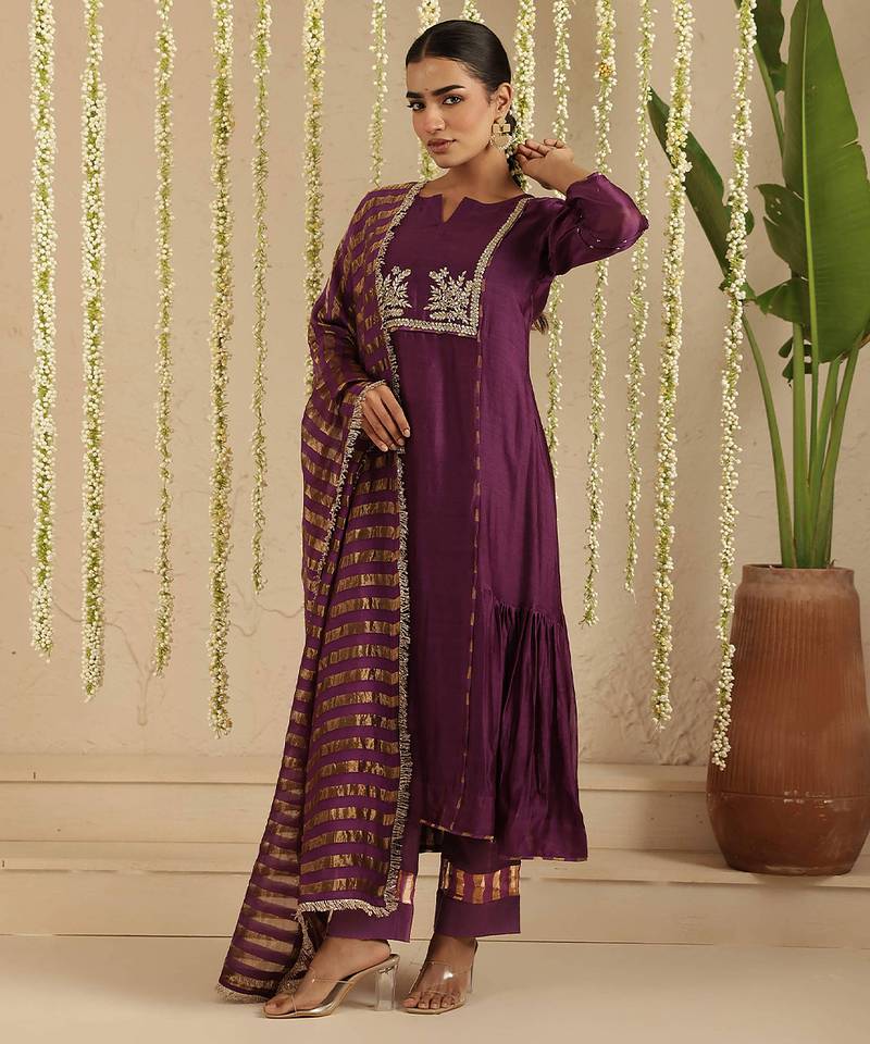 Purple hand woven chanderi kurta set