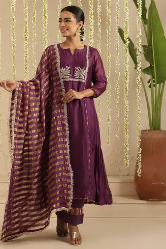 Purple hand woven chanderi kurta set