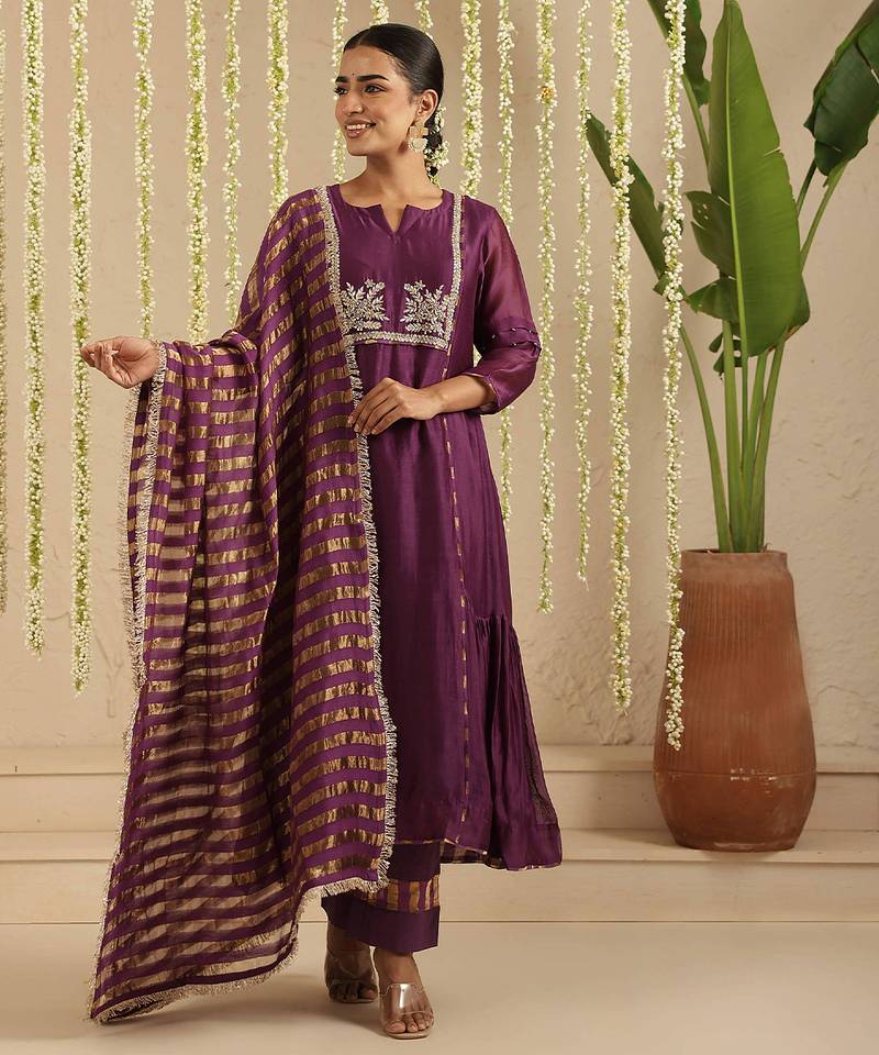 Purple hand woven chanderi kurta set