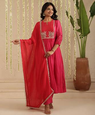 Hot pink hand woven chanderi kurta set 1