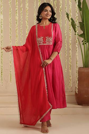 Hot pink hand woven chanderi kurta set