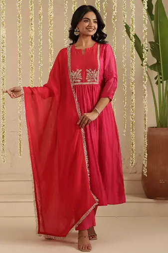 Hot pink hand woven chanderi kurta set