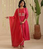 Hot pink hand woven chanderi kurta set