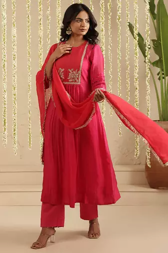 Hot pink hand woven chanderi kurta set