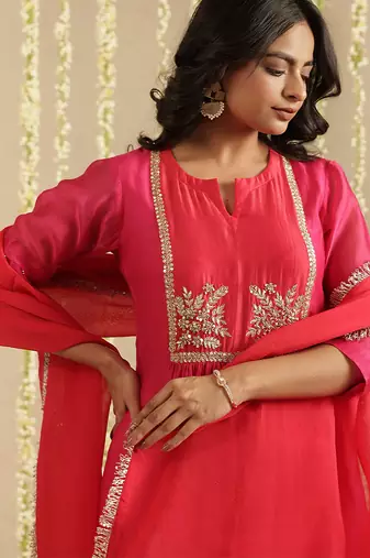 Hot pink hand woven chanderi kurta set