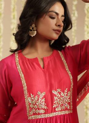Hot pink hand woven chanderi kurta set 4